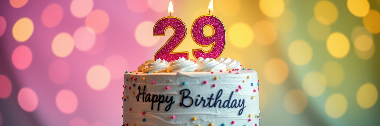 Celebrate 29th birthday with a decorated cake featuring candles and colorful background lights